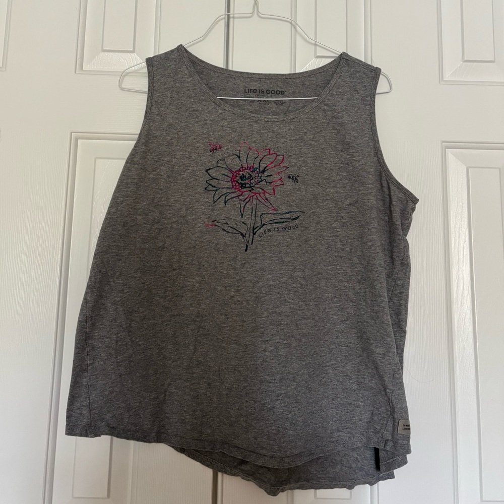 Life Is Good Heather Gray Boxy Tank Top with Floral Design